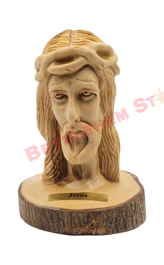 Jesus Head Hand Carved from Olive Wood on a Natural olive tree stand