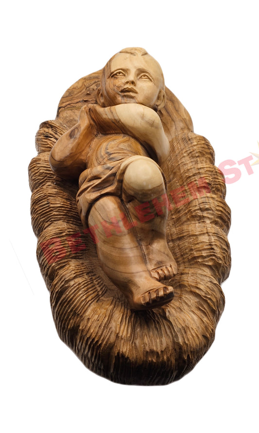 Olive wood hand carved 13" Baby Jesus in Manger