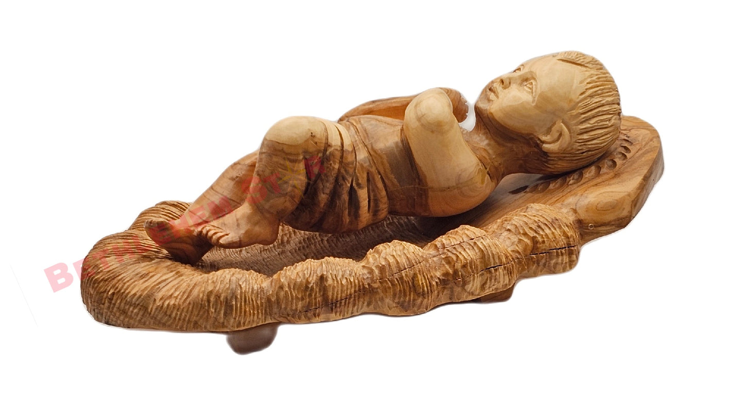 Olive wood hand carved 6.5" Baby Jesus in Manger