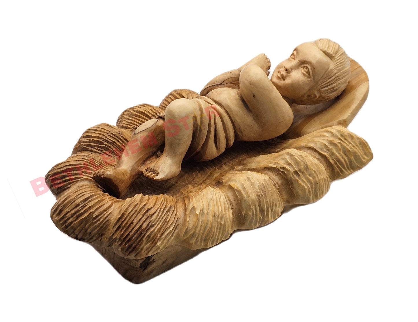 Olive wood hand carved 6.5" Baby Jesus in Manger