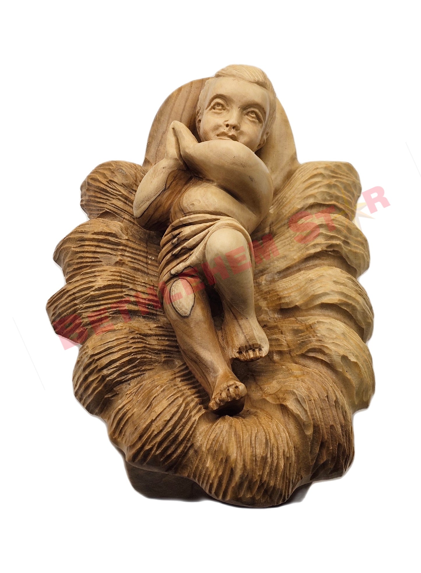 Olive wood hand carved 6.5" Baby Jesus in Manger