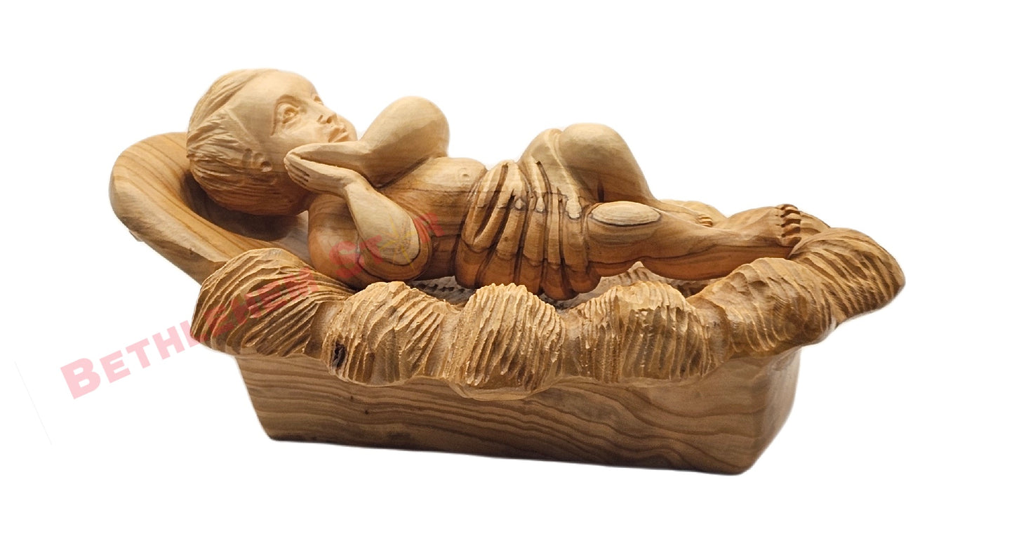 Olive wood hand carved 8" Baby Jesus in Manger