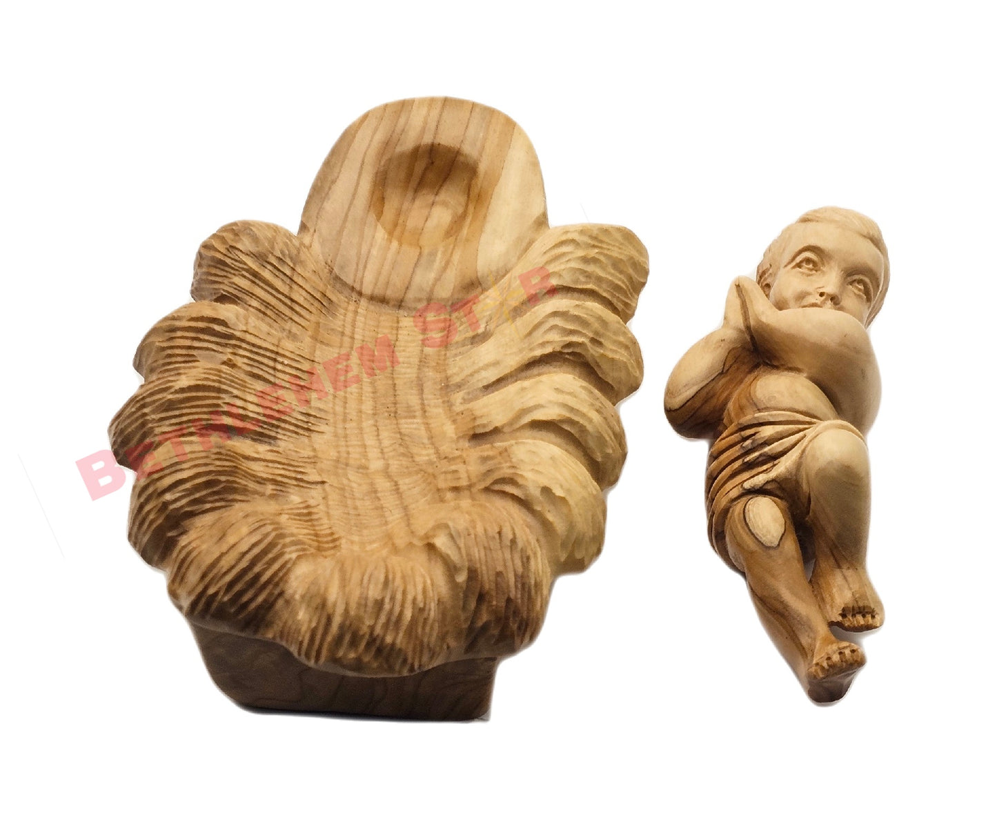 Olive wood hand carved 6.5" Baby Jesus in Manger