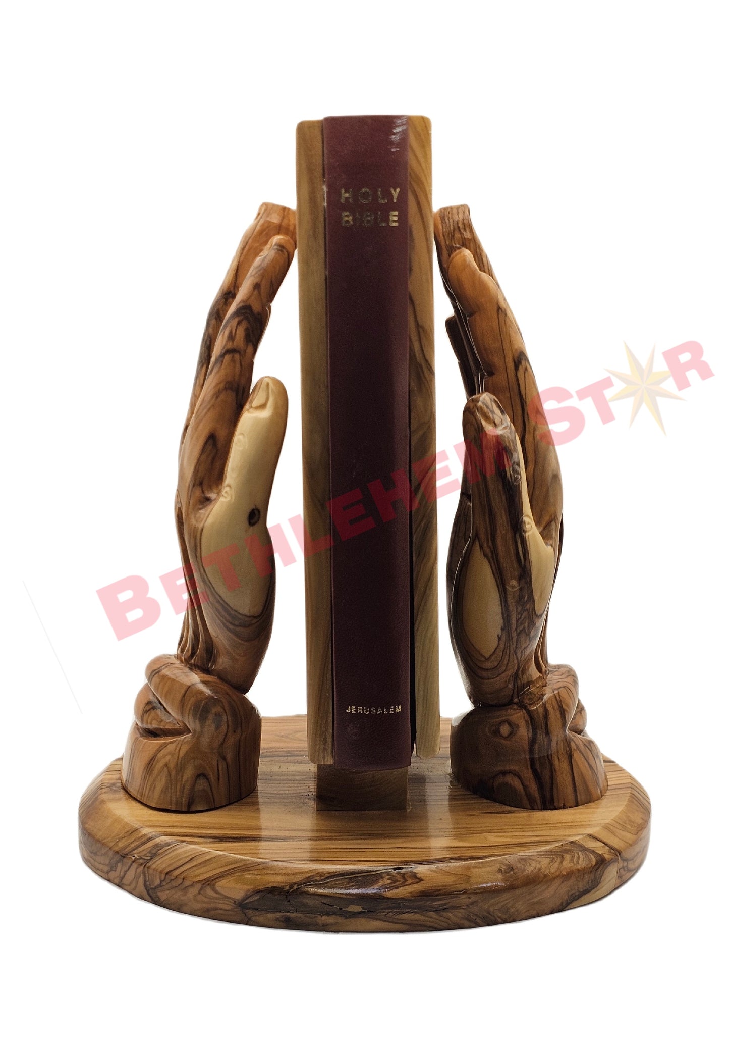 Hand prayer holding the Holy bible Handmade from olive wood English