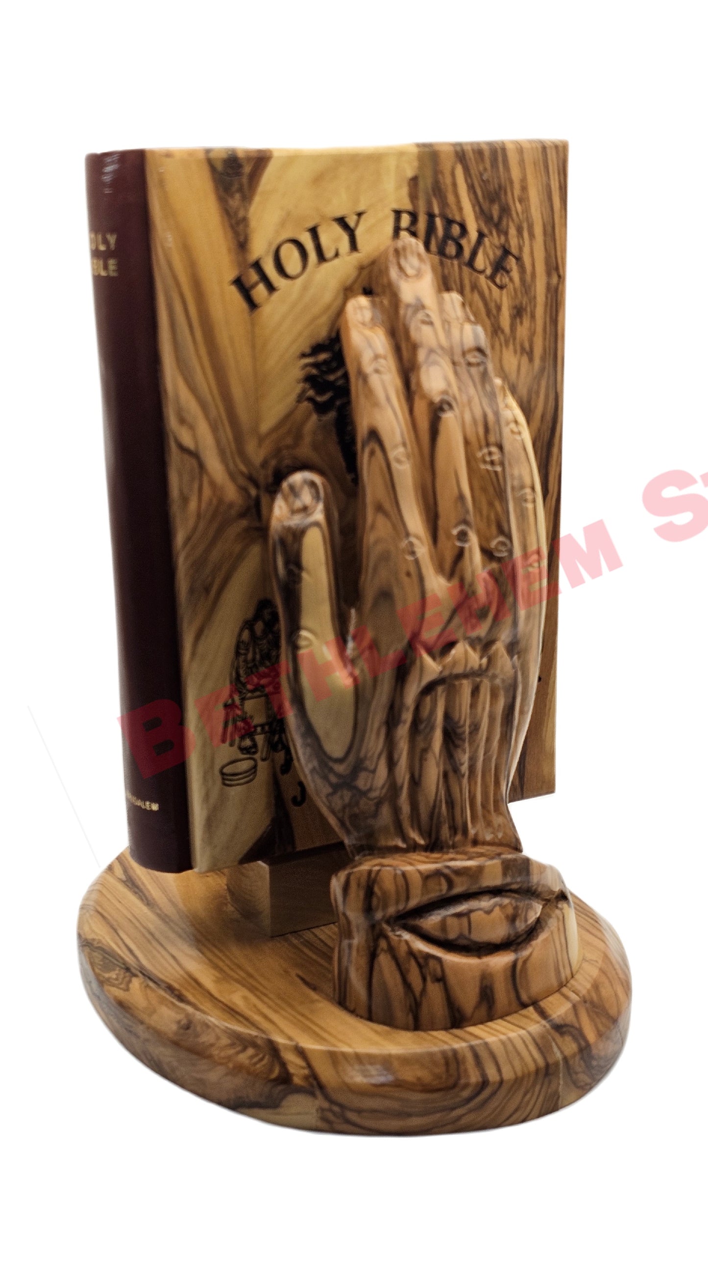 Hand prayer holding the Holy bible Handmade from olive wood English