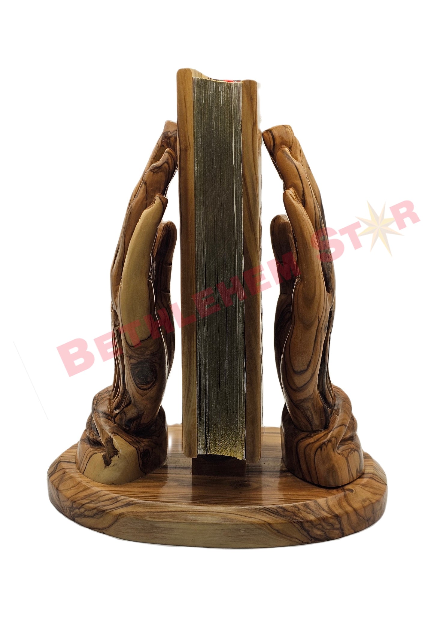 Hand prayer holding the Holy bible Handmade from olive wood English