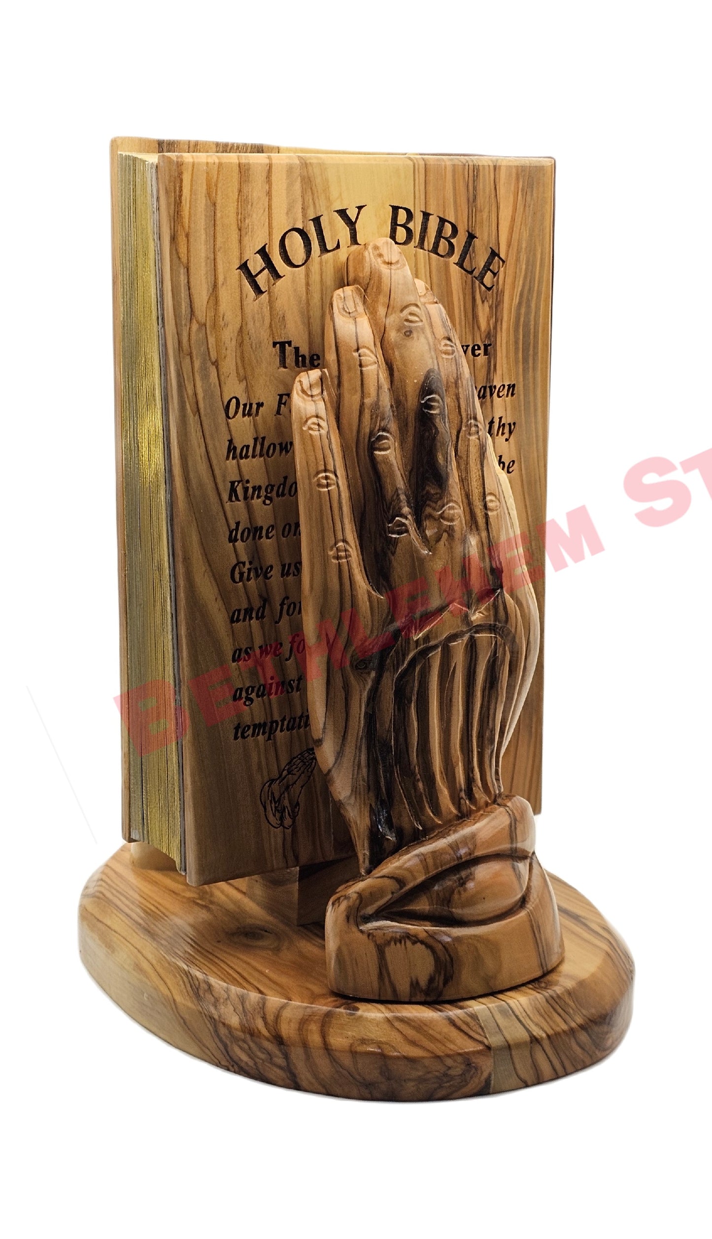 Hand prayer holding the Holy bible Handmade from olive wood English