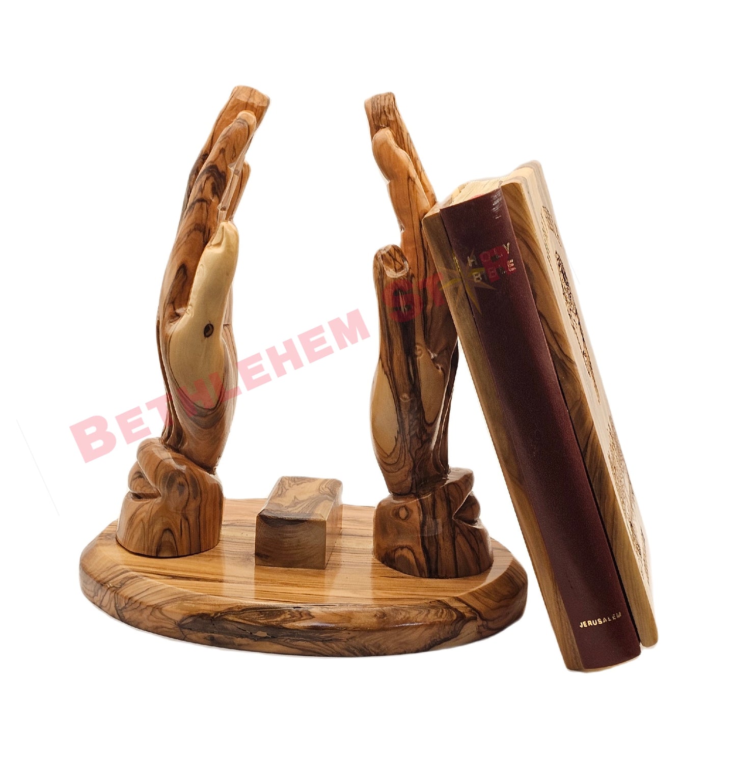 Hand prayer holding the Holy bible Handmade from olive wood English