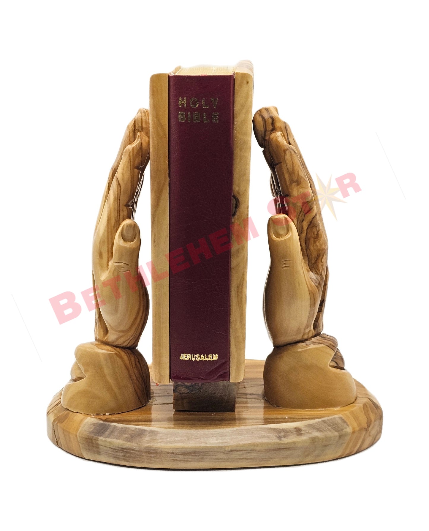 Hand prayer holding the Holy bible Handmade from olive wood English