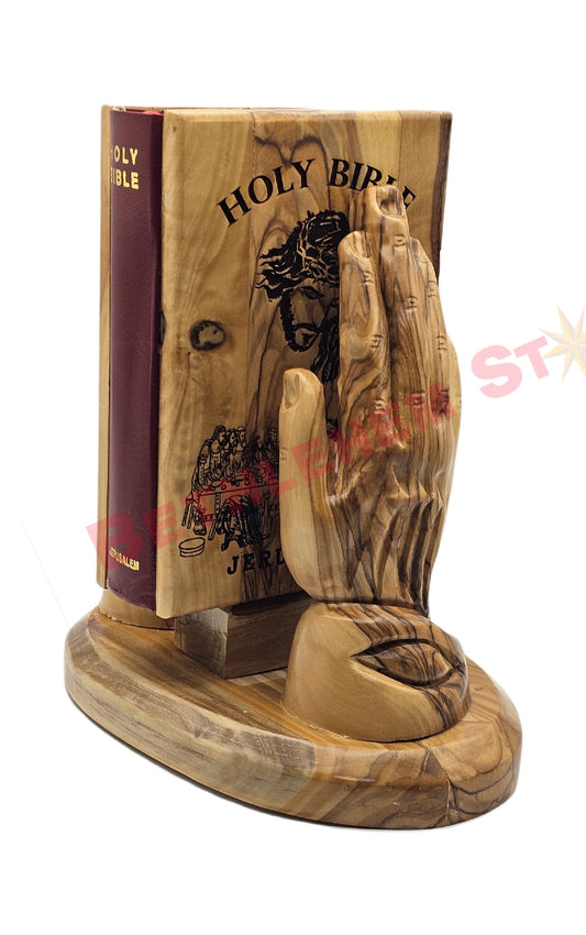 Hand prayer holding the Holy bible Handmade from olive wood English