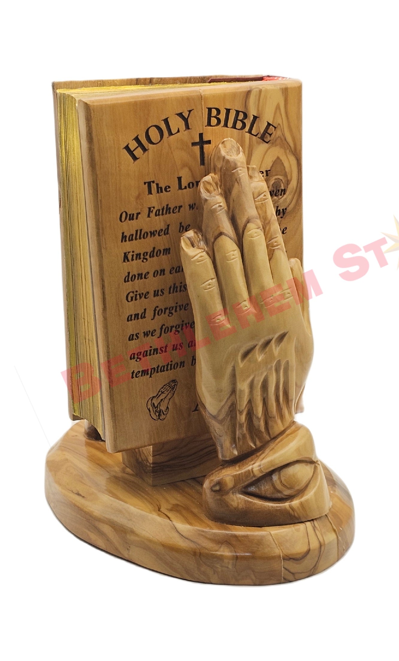 Hand prayer holding the Holy bible Handmade from olive wood English