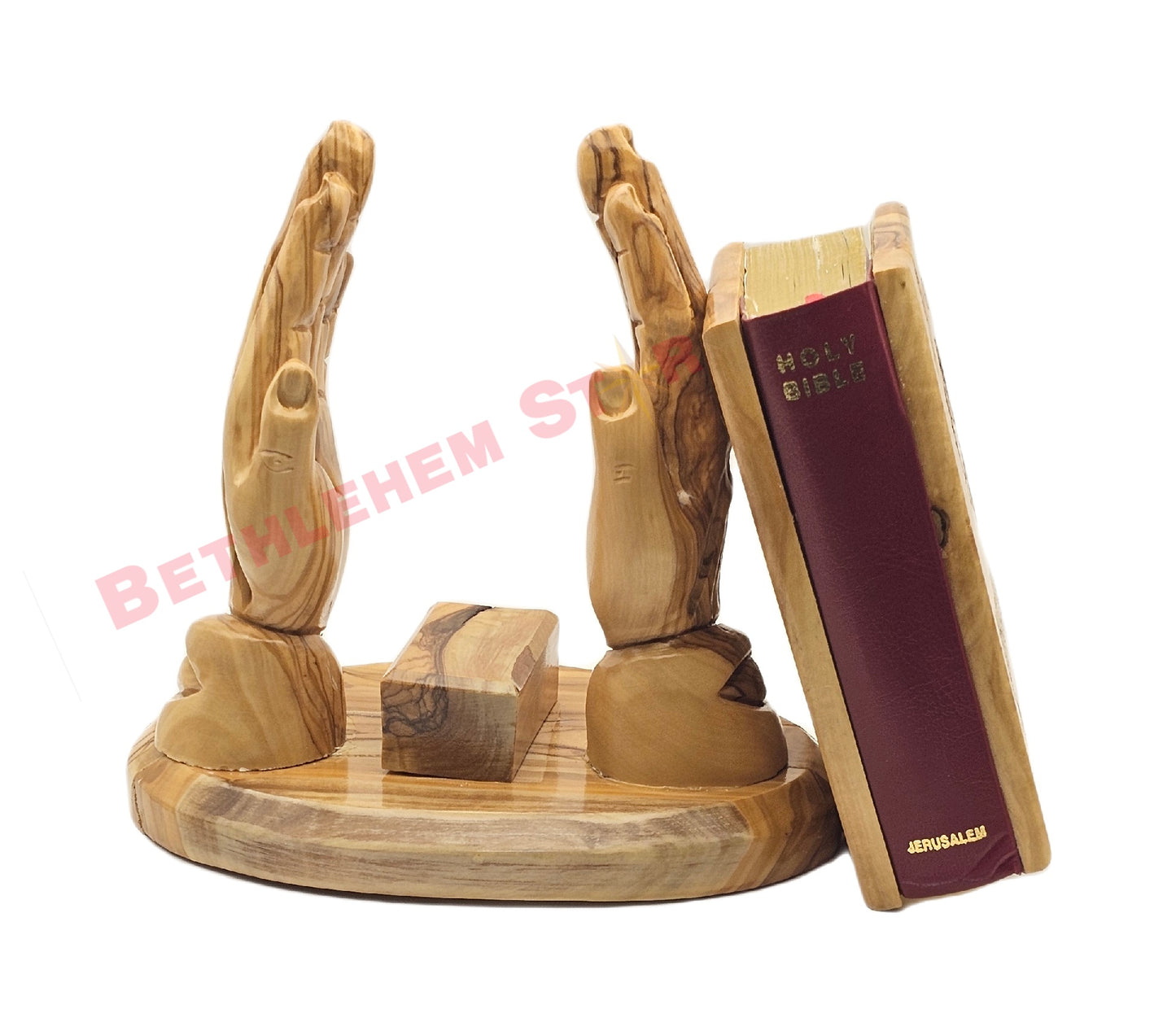 Hand prayer holding the Holy bible Handmade from olive wood English