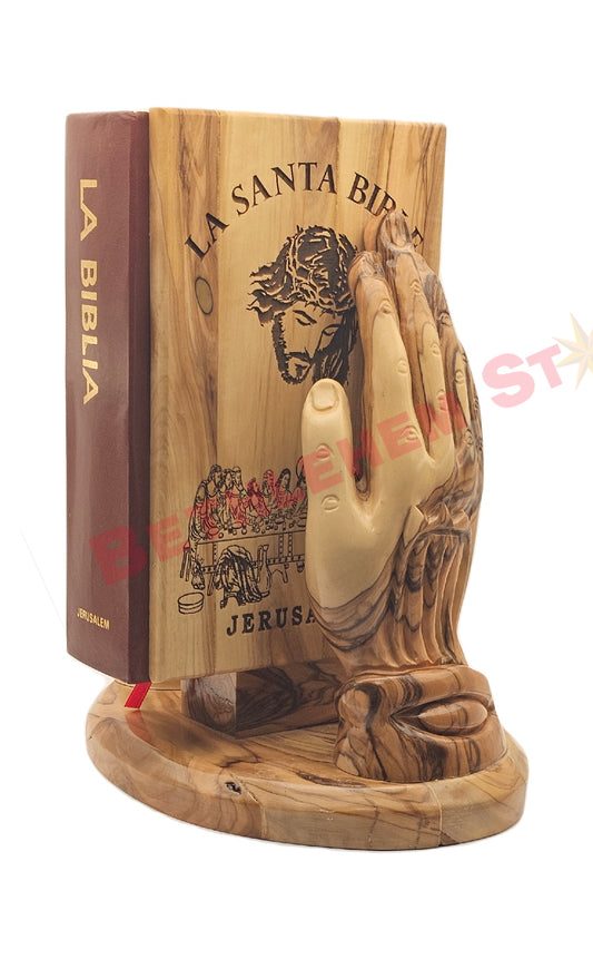 Hand prayer holding The Holy Bible Handmade from olive wood Spanish