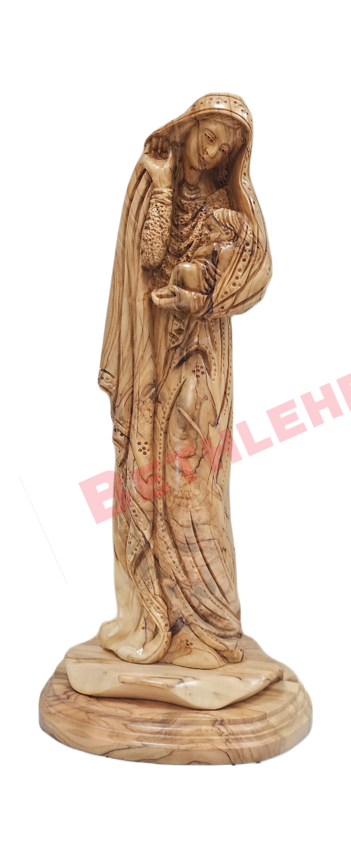 Hand Carved Olive wood 13" Virgin Mary with baby Jesus wearing a scarf