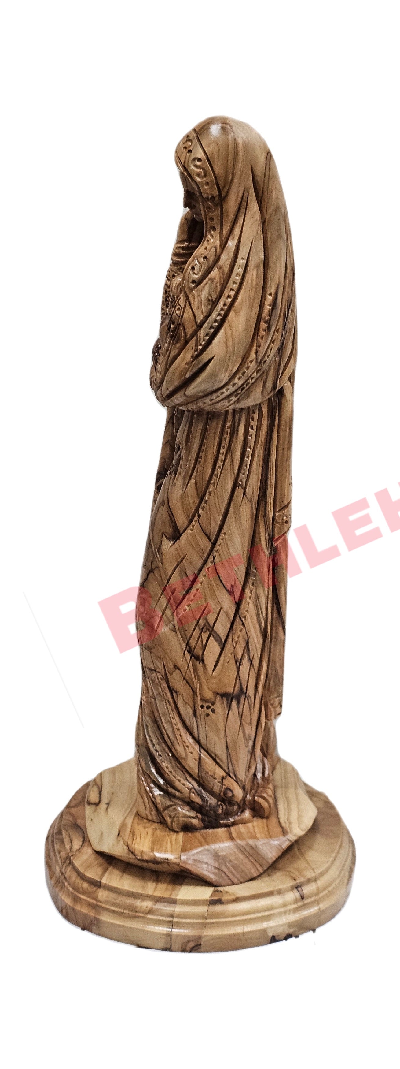 Hand Carved Olive wood 13" Virgin Mary with baby Jesus wearing a scarf