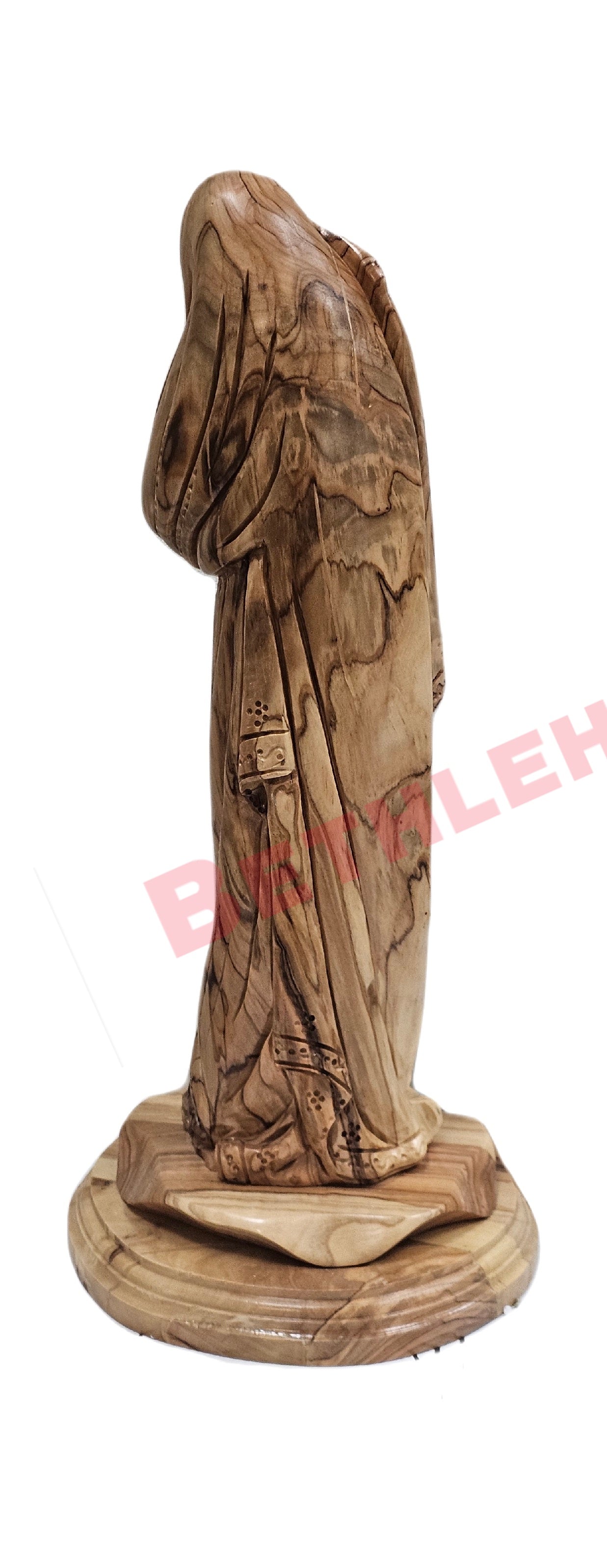 Hand Carved Olive wood 13" Virgin Mary with baby Jesus wearing a scarf