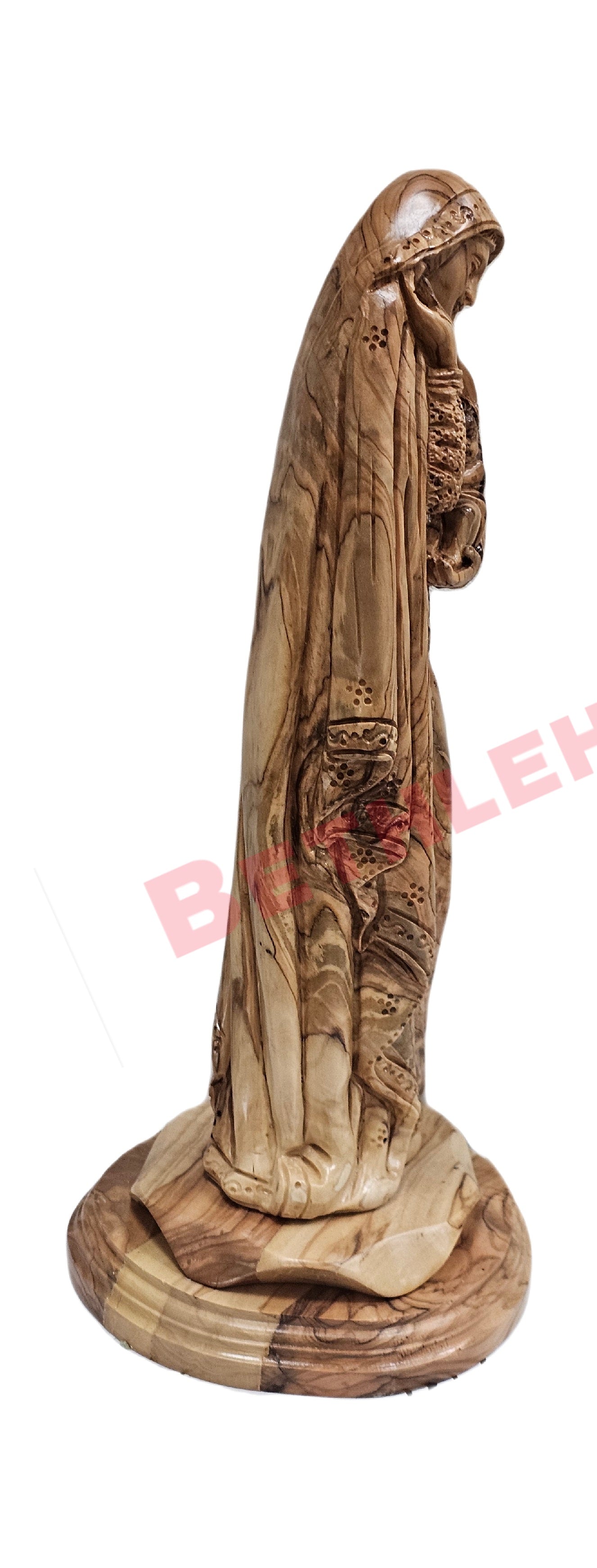 Hand Carved Olive wood 13" Virgin Mary with baby Jesus wearing a scarf