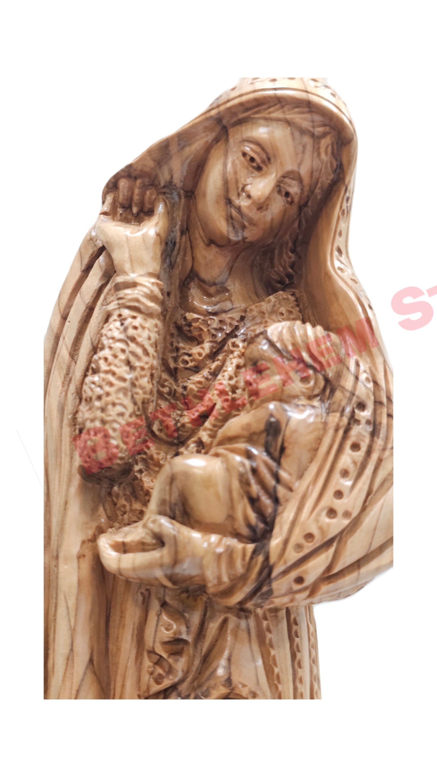 Hand Carved Olive wood 13" Virgin Mary with baby Jesus wearing a scarf