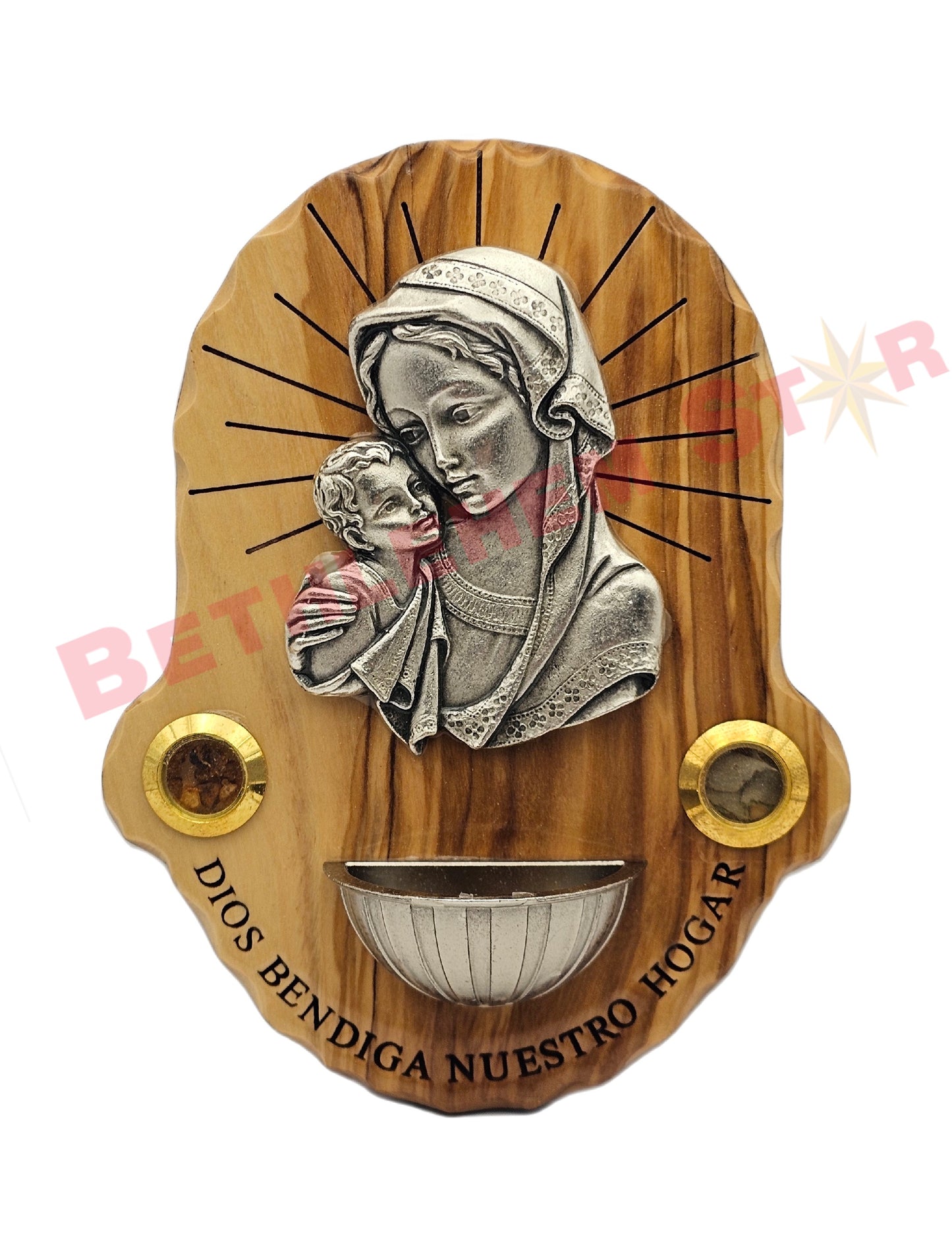 Olive wood holy water font for wall | Virgin Mary & baby Jesus plaque | God bless out home Sacred Holy Water Vessel from The Holy Land