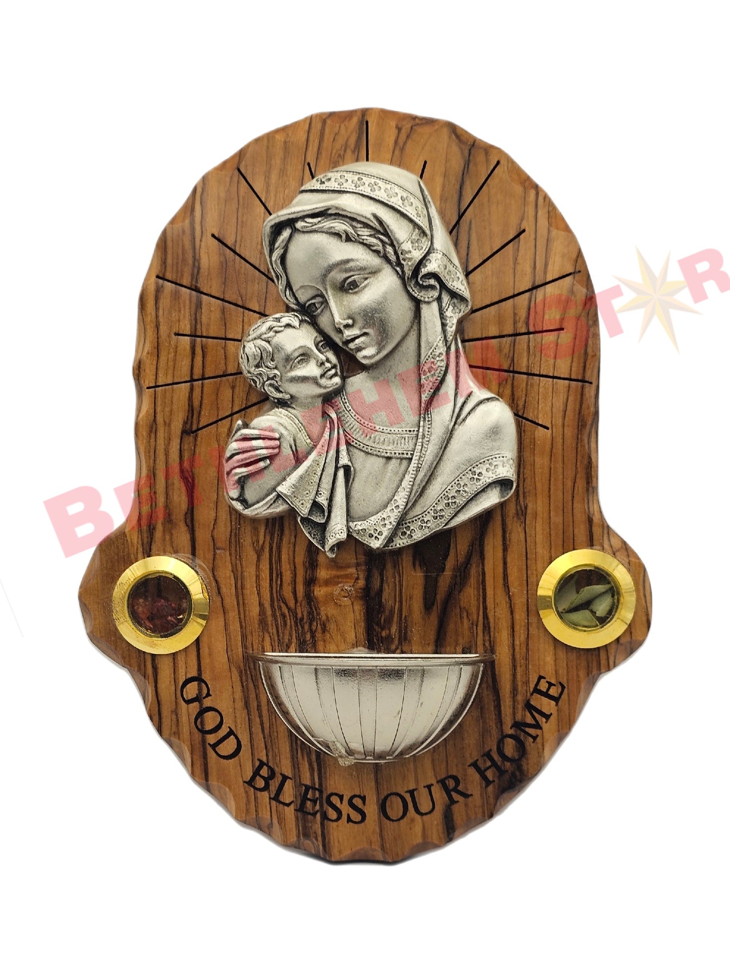 Olive wood holy water font for wall | Virgin Mary & baby Jesus plaque | God bless out home Sacred Holy Water Vessel from The Holy Land