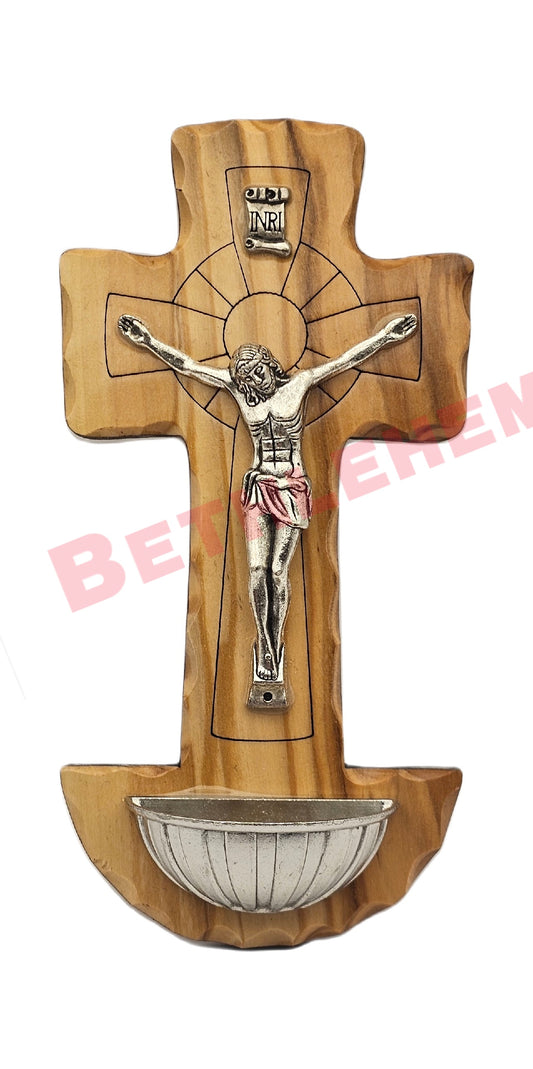 Olive Wood Cross, Wall Crucifix with Holy Water Holder