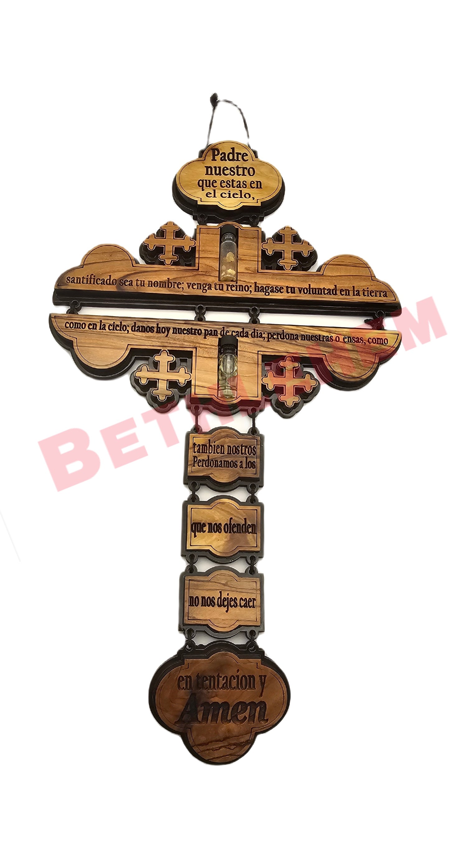 Jerusalem Cross Wall Hanging Religious Décor with The Lord's Prayer in Spanish Cross, with Holy Water, Holy Oil