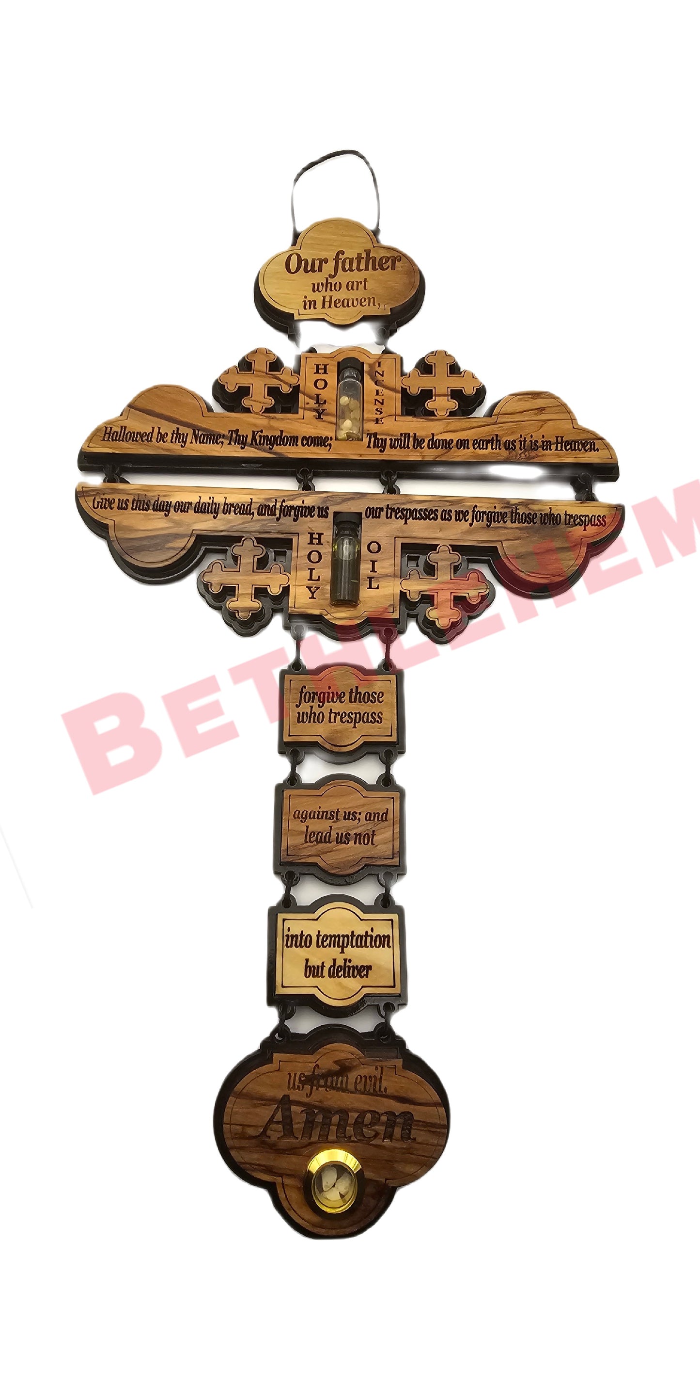 Jerusalem Cross Wall Hanging Religious Décor with The Lord's Prayer in english Cross, with Holy Water, Holy Oil