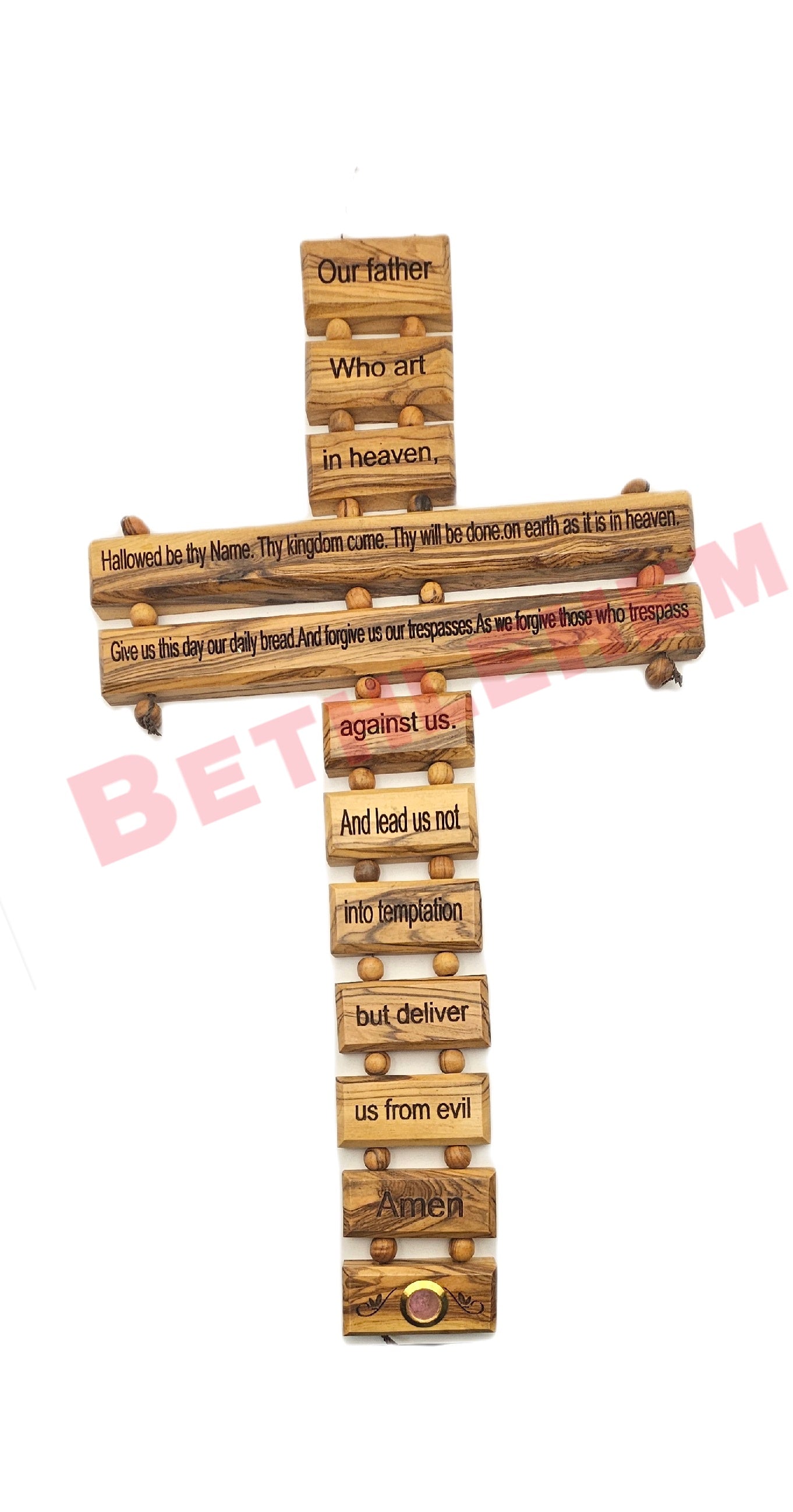 Olive wood Cross with Our lords prayer in english - holds Frankincense from the Holy Land