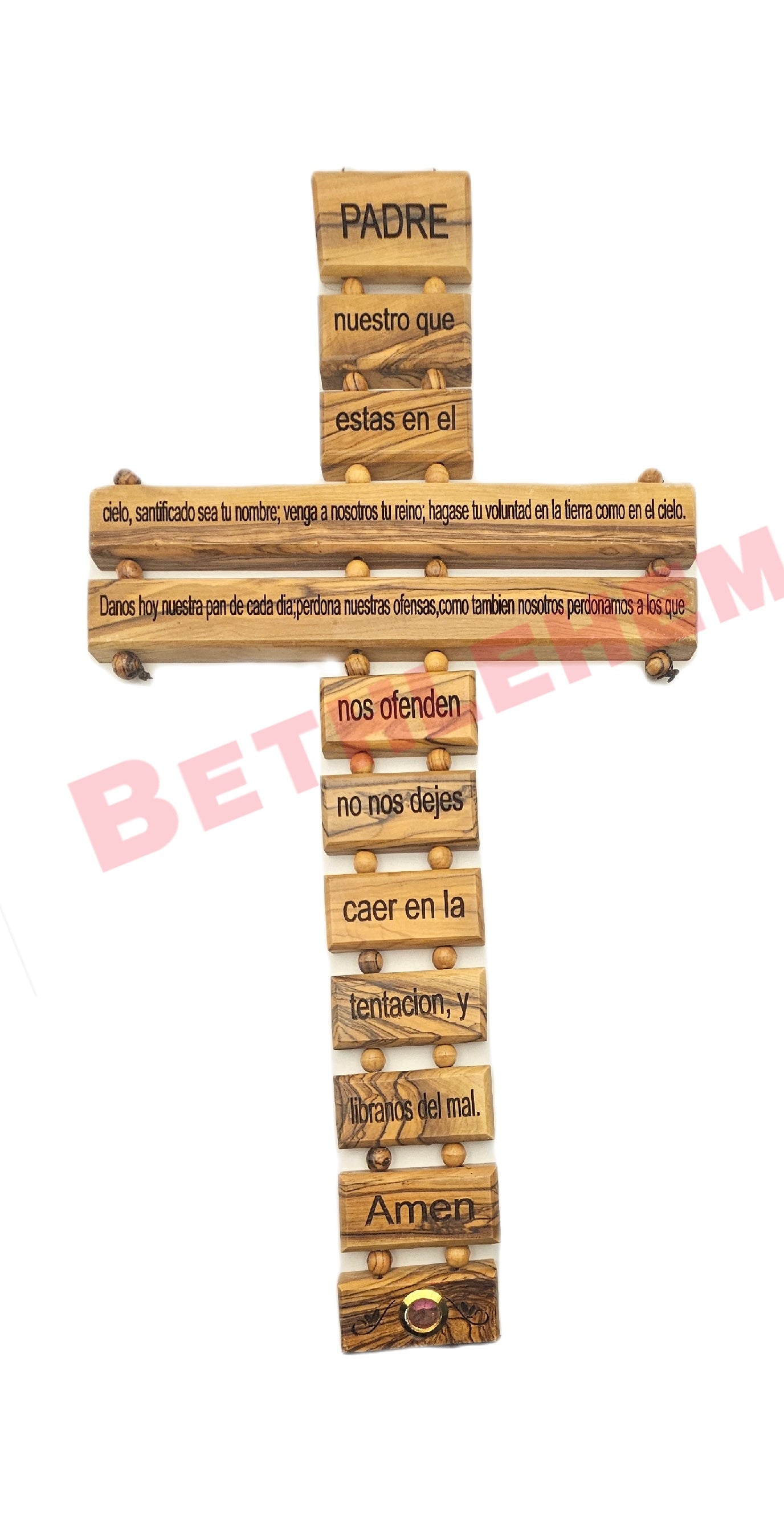 Olive wood Cross with Our lords prayer in Spanish - holds Frankincense from the Holy Land