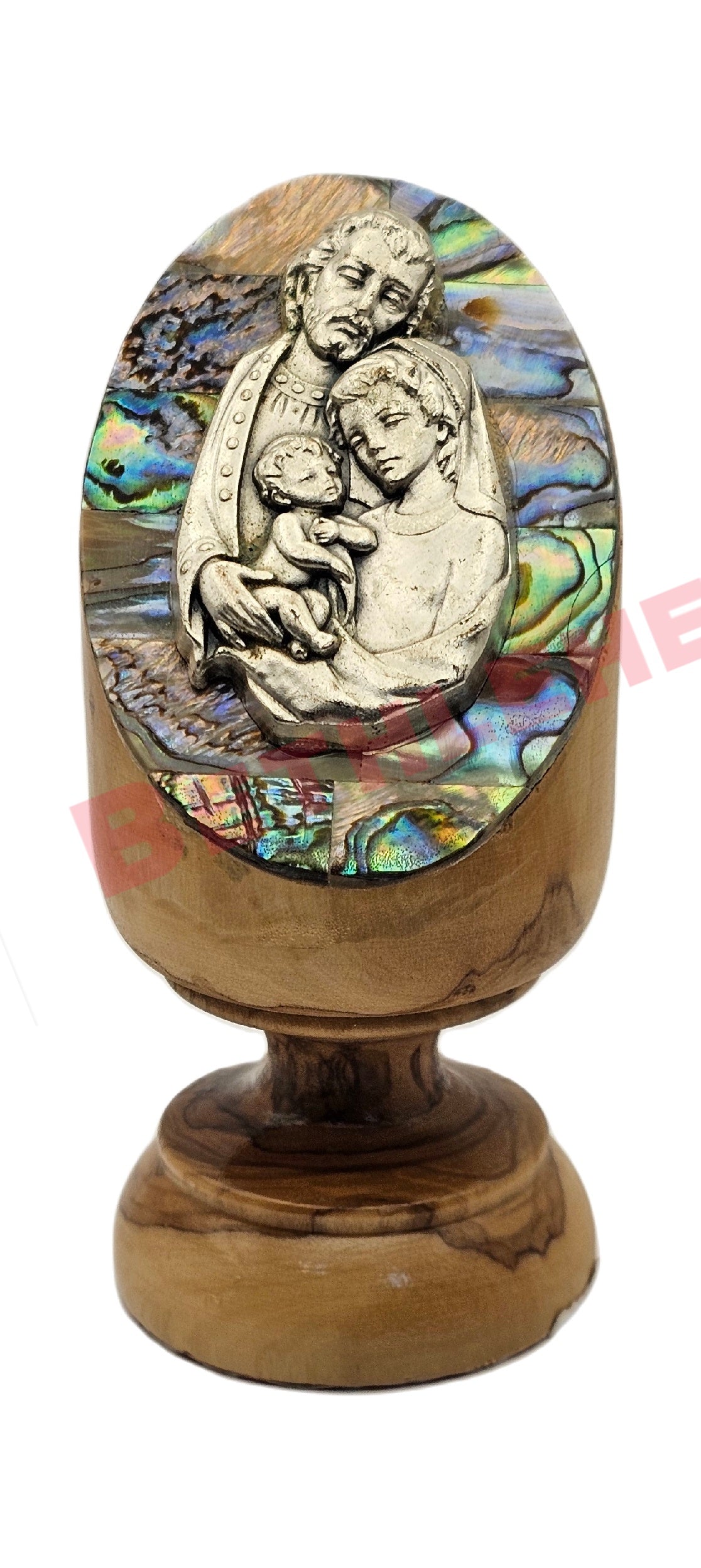 Hand Made Mother Of Pearl Holy Family On Olive Wood Stand