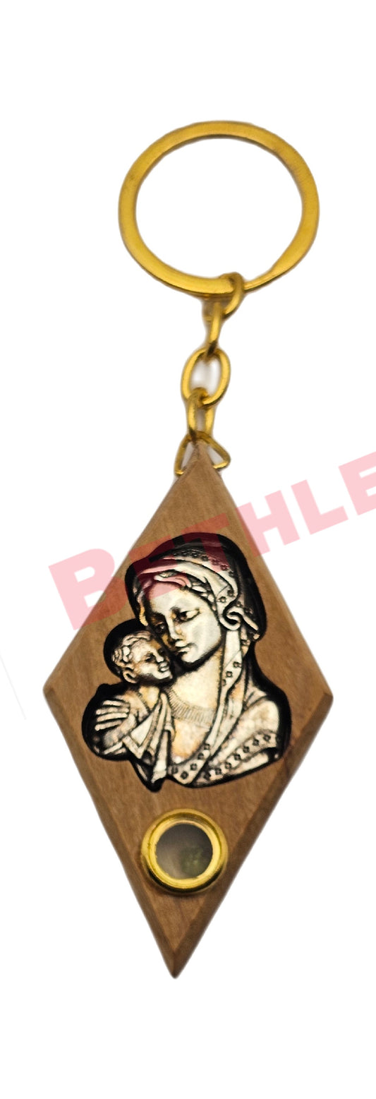 Virgin Marry & Baby Jesus Olive Wood Keychain With Incense Made In The Holy Land Bethlehem