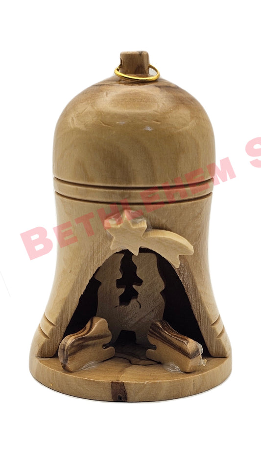 Olive wood 3.5" Nativity Bell ornament