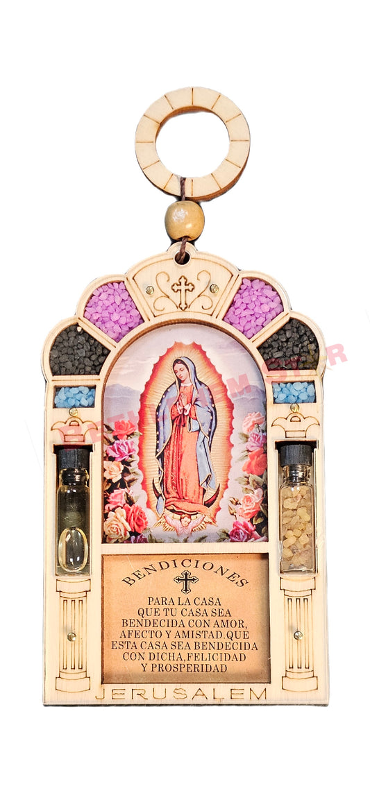 Beautiful wall hanging laser cut design home blessing in Spanish with saint photo, holy oil & holy incense from the holy lands