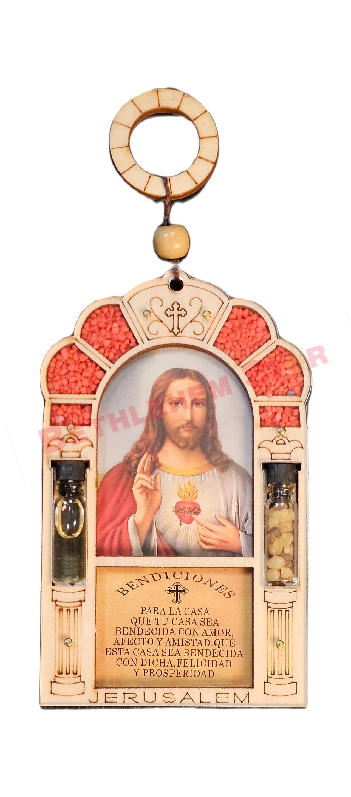 Beautiful wall hanging laser cut design home blessing in Spanish with saint photo, holy oil & holy incense from the holy lands