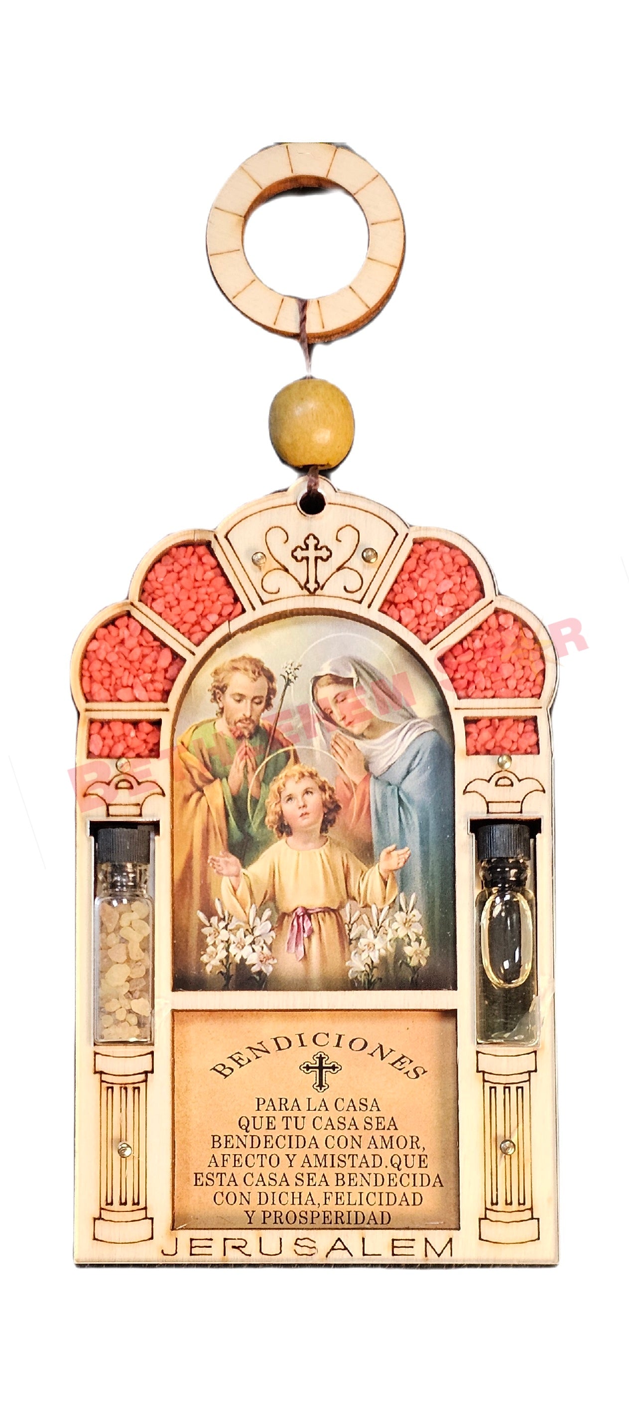 Beautiful wall hanging laser cut design home blessing in Spanish with saint photo, holy oil & holy incense from the holy lands