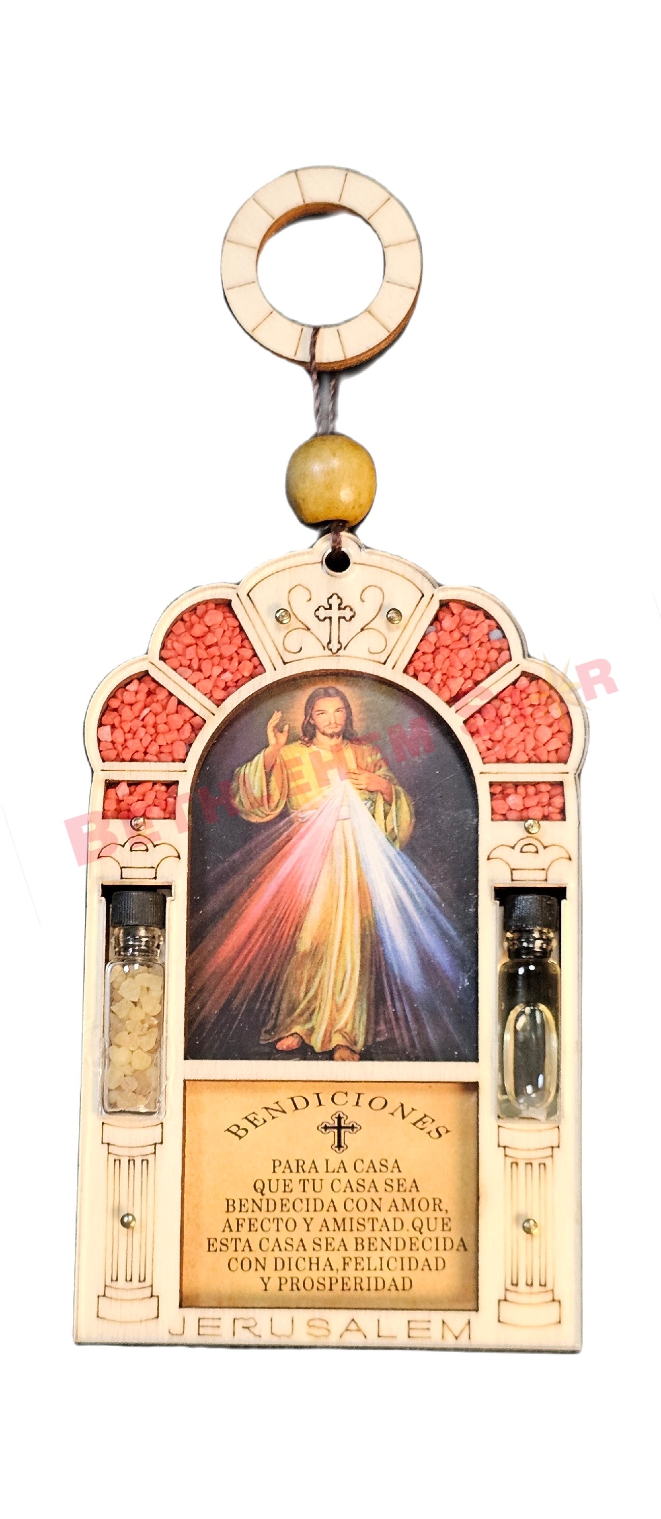 Beautiful wall hanging laser cut design home blessing in Spanish with saint photo, holy oil & holy incense from the holy lands