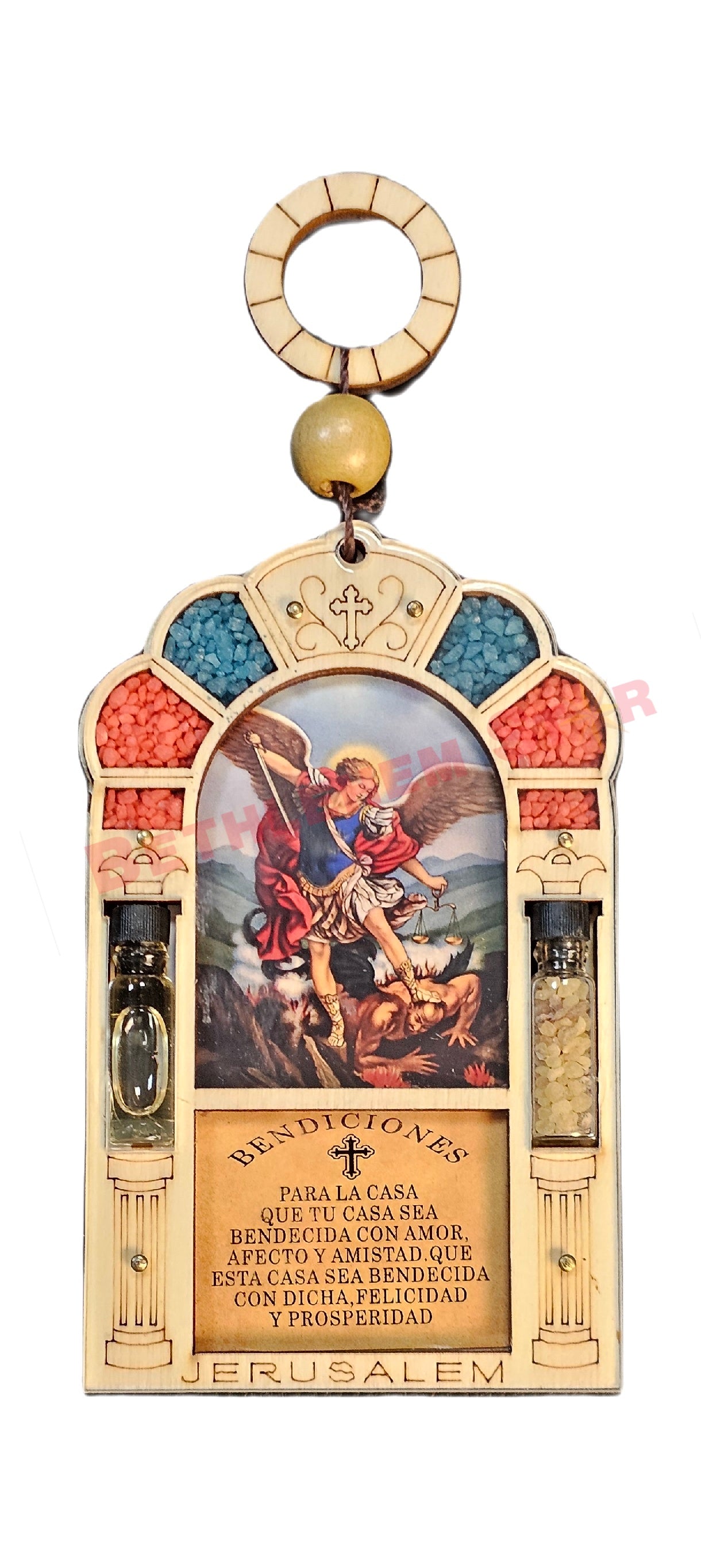 Beautiful wall hanging laser cut design home blessing in Spanish with saint photo, holy oil & holy incense from the holy lands