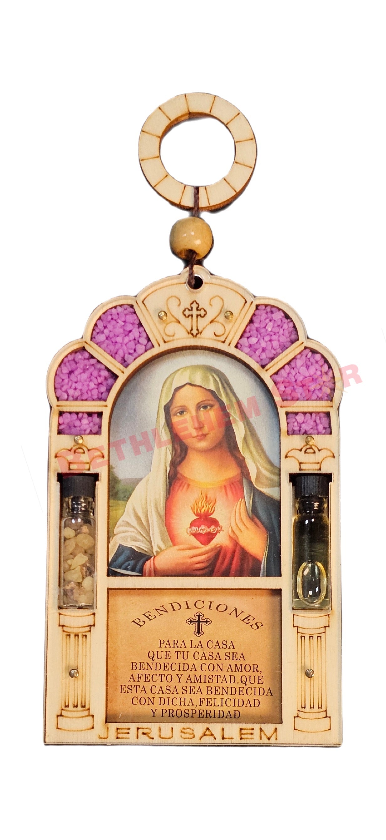 Beautiful wall hanging laser cut design home blessing in Spanish with saint photo, holy oil & holy incense from the holy lands