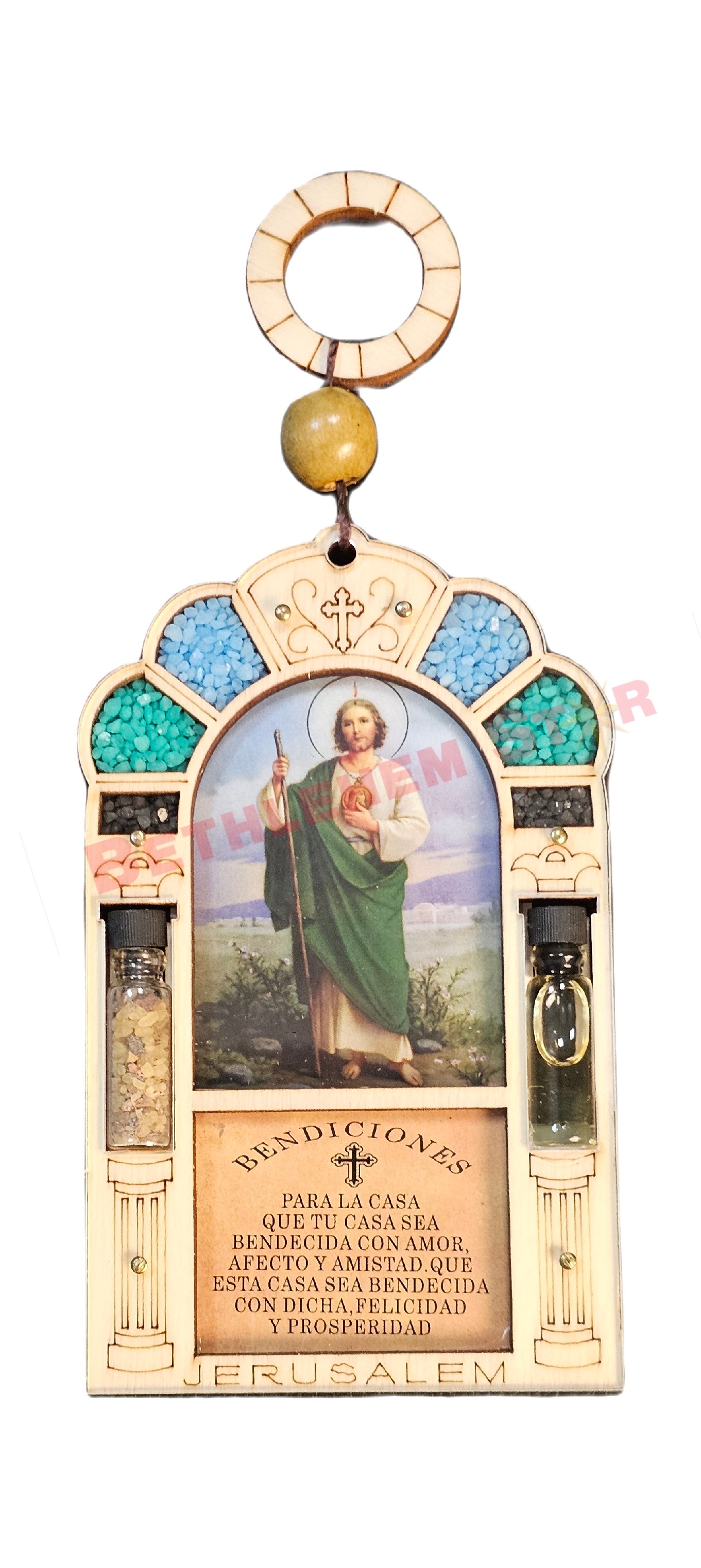 Beautiful wall hanging laser cut design home blessing in Spanish with saint photo, holy oil & holy incense from the holy lands