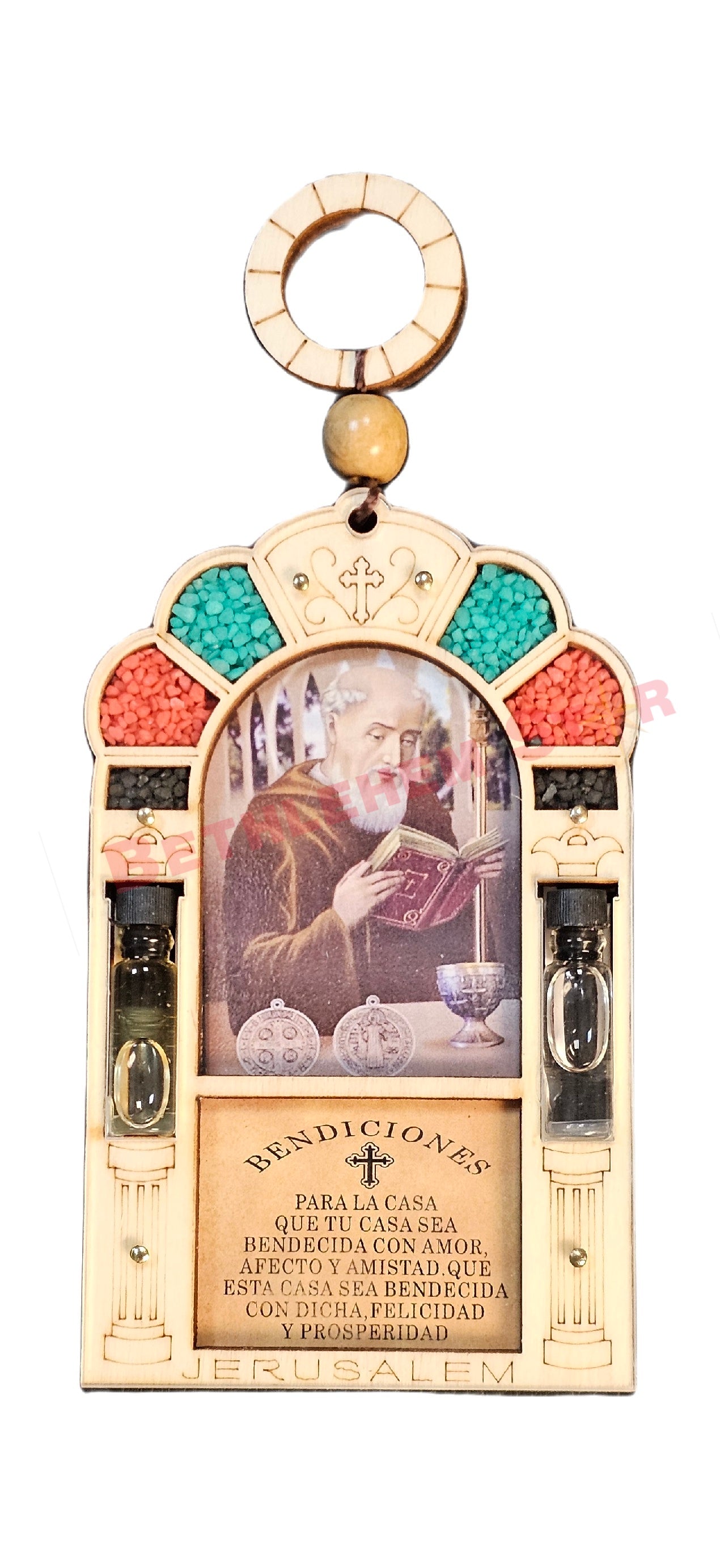 Beautiful wall hanging laser cut design home blessing in Spanish with saint photo, holy oil & holy incense from the holy lands