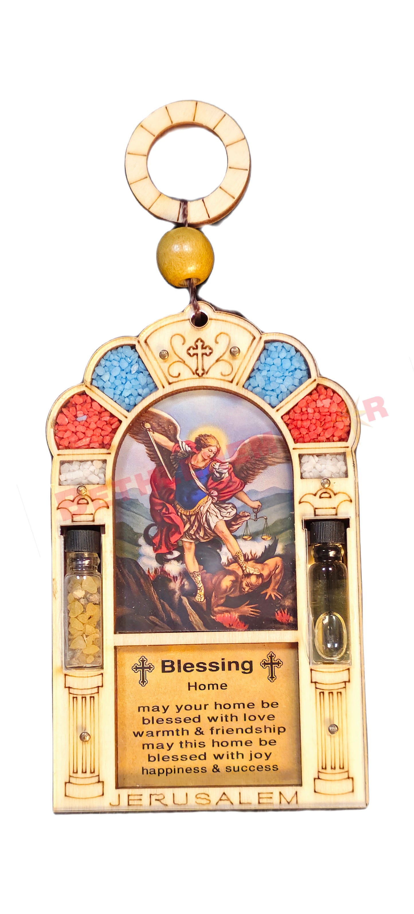 Beautiful wall hanging laser cut design home blessing in English with saint photo, holy oil & holy incense from the holy lands