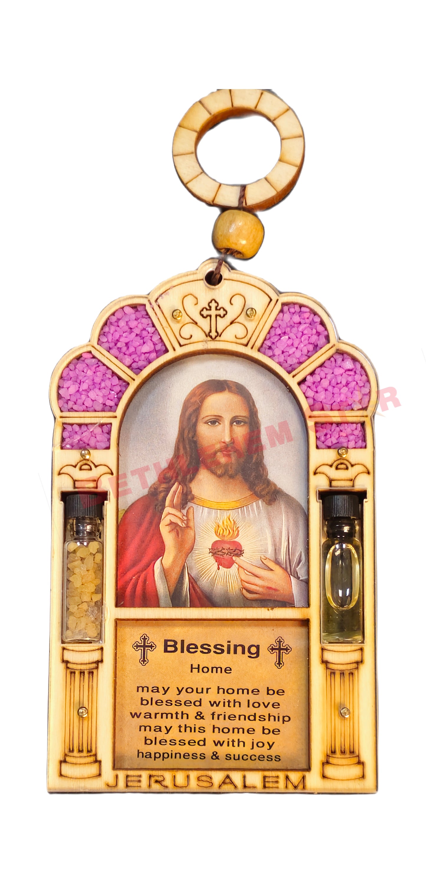 Beautiful wall hanging laser cut design home blessing in English with saint photo, holy oil & holy incense from the holy lands