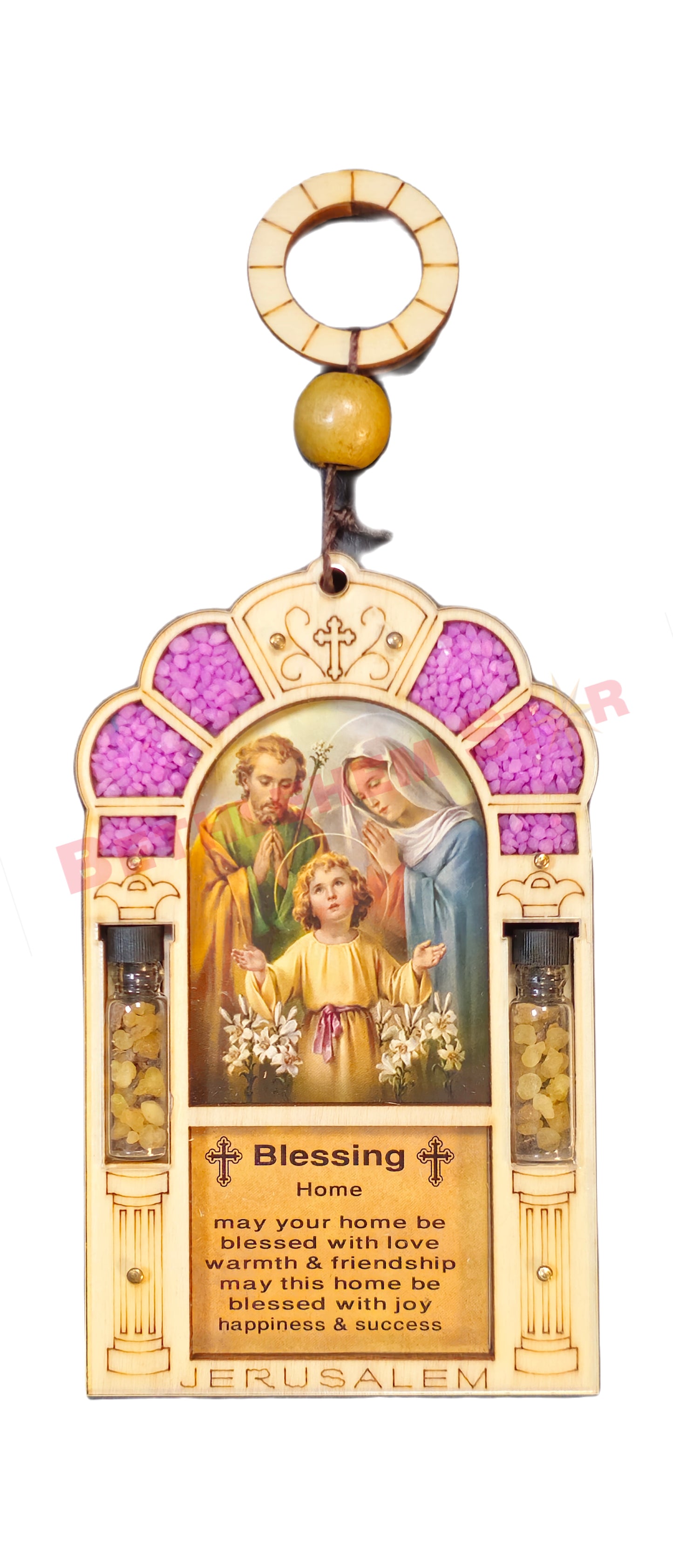 Beautiful wall hanging laser cut design home blessing in English with saint photo, holy oil & holy incense from the holy lands