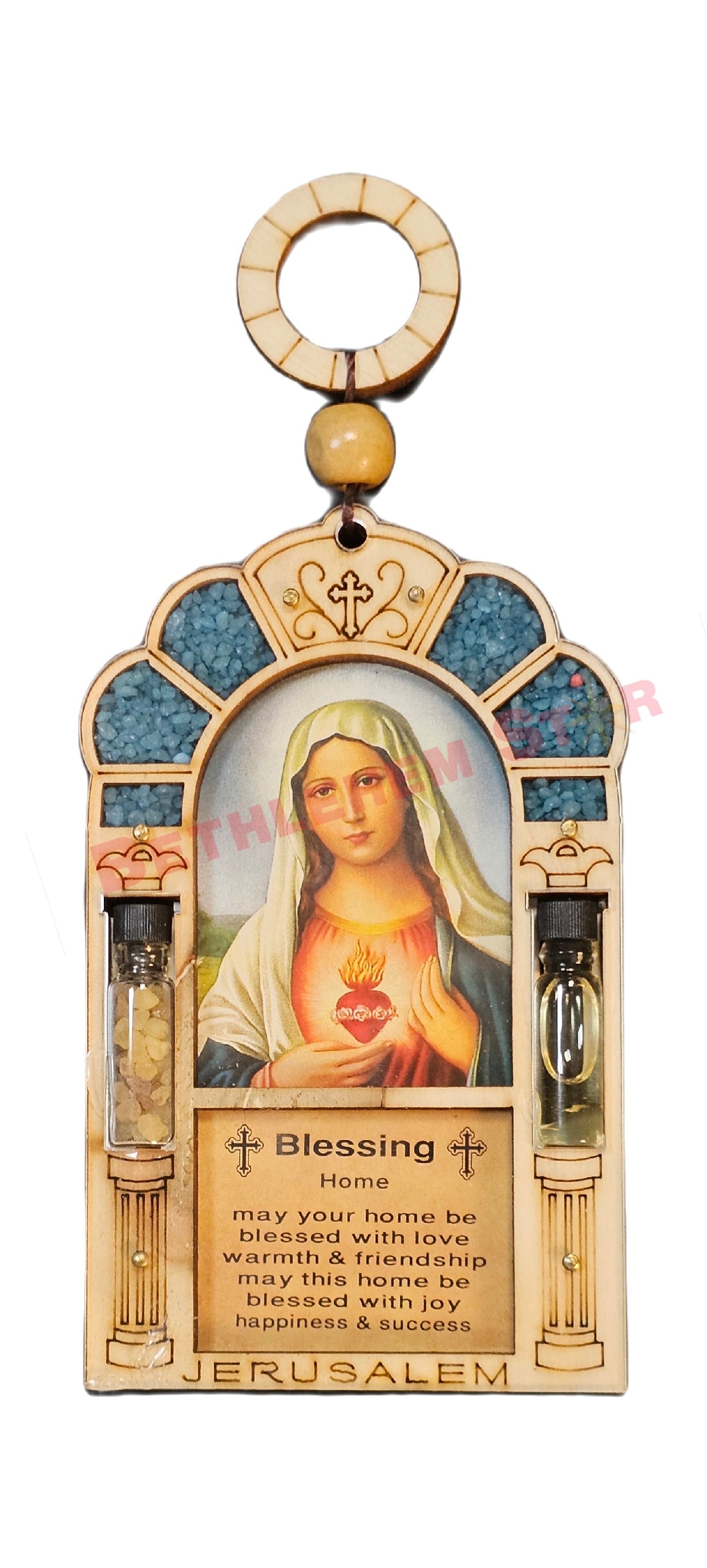 Beautiful wall hanging laser cut design home blessing in English with saint photo, holy oil & holy incense from the holy lands