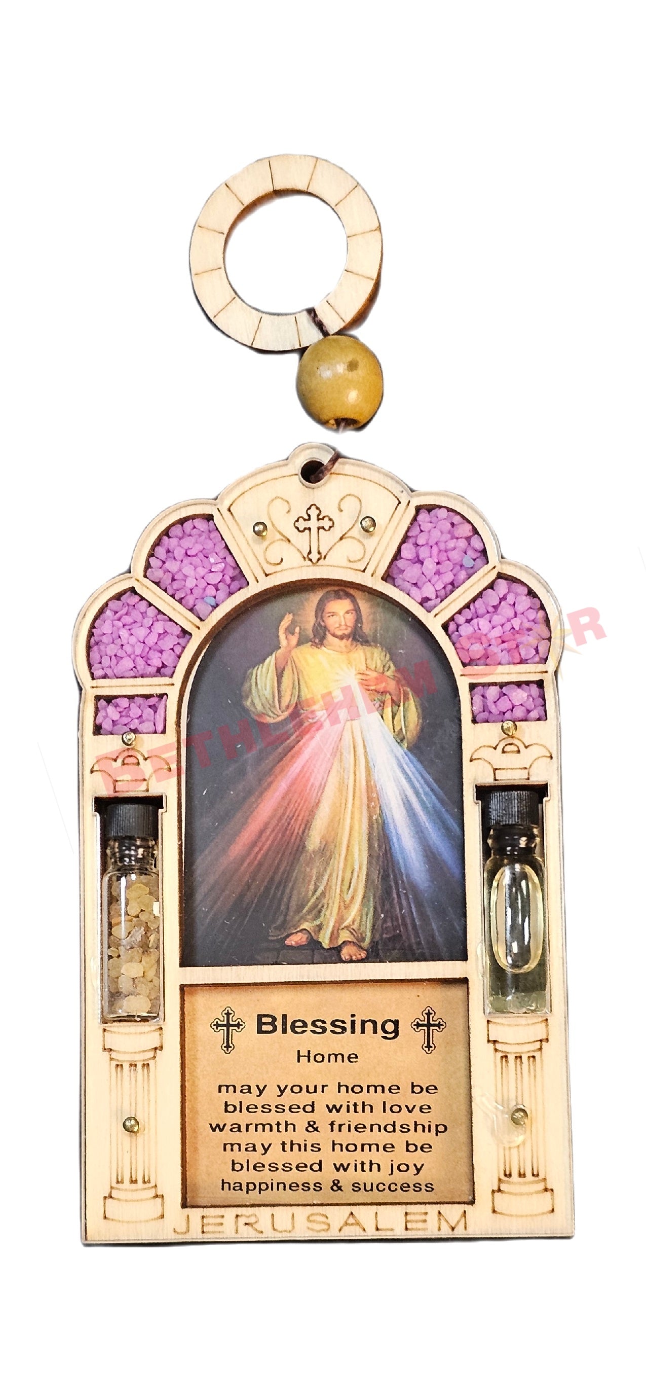 Beautiful wall hanging laser cut design home blessing in English with saint photo, holy oil & holy incense from the holy lands