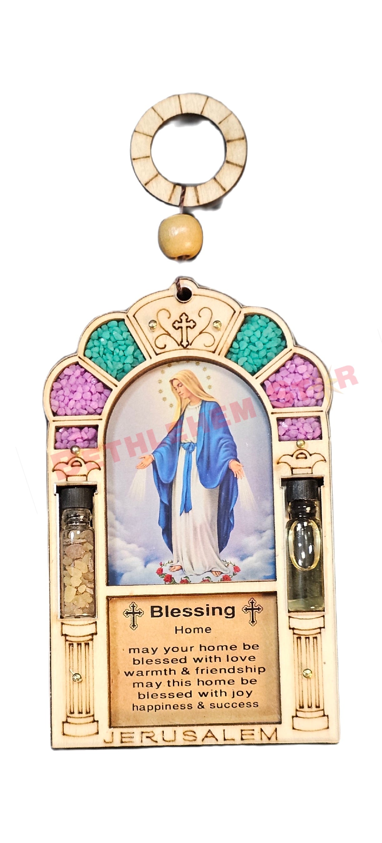 Beautiful wall hanging laser cut design home blessing in English with saint photo, holy oil & holy incense from the holy lands