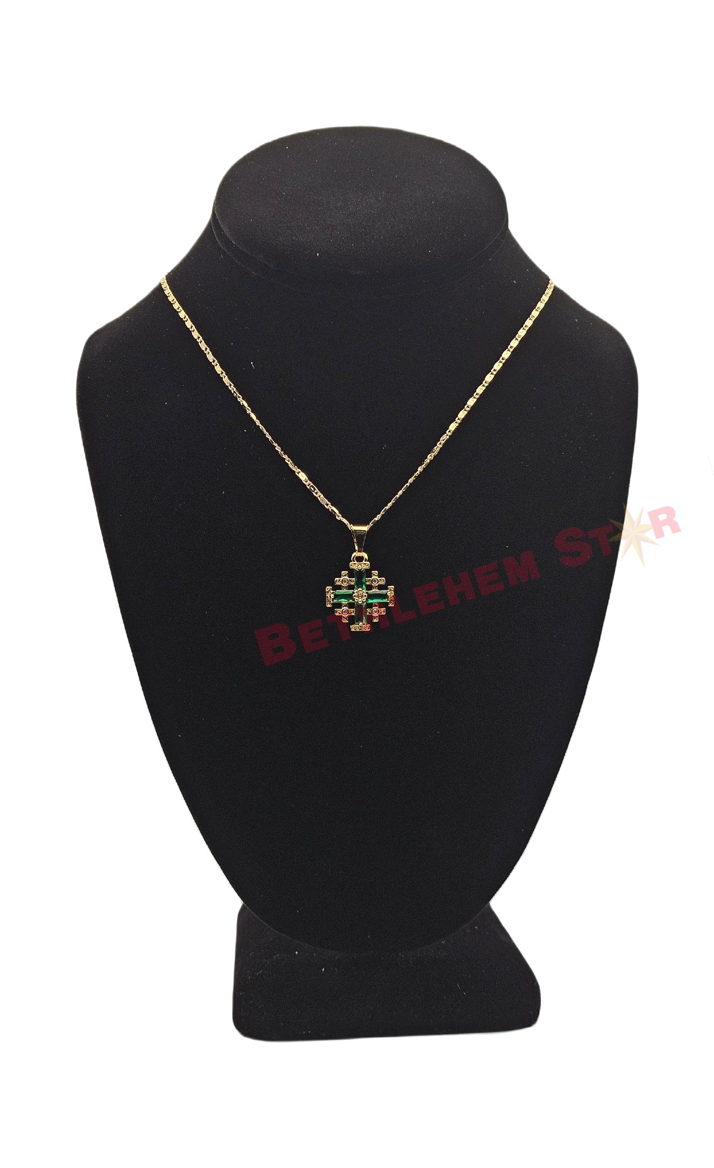 Gold Plated Jerusalem Cross Pendant green Garnet Crystallized 20"Necklace