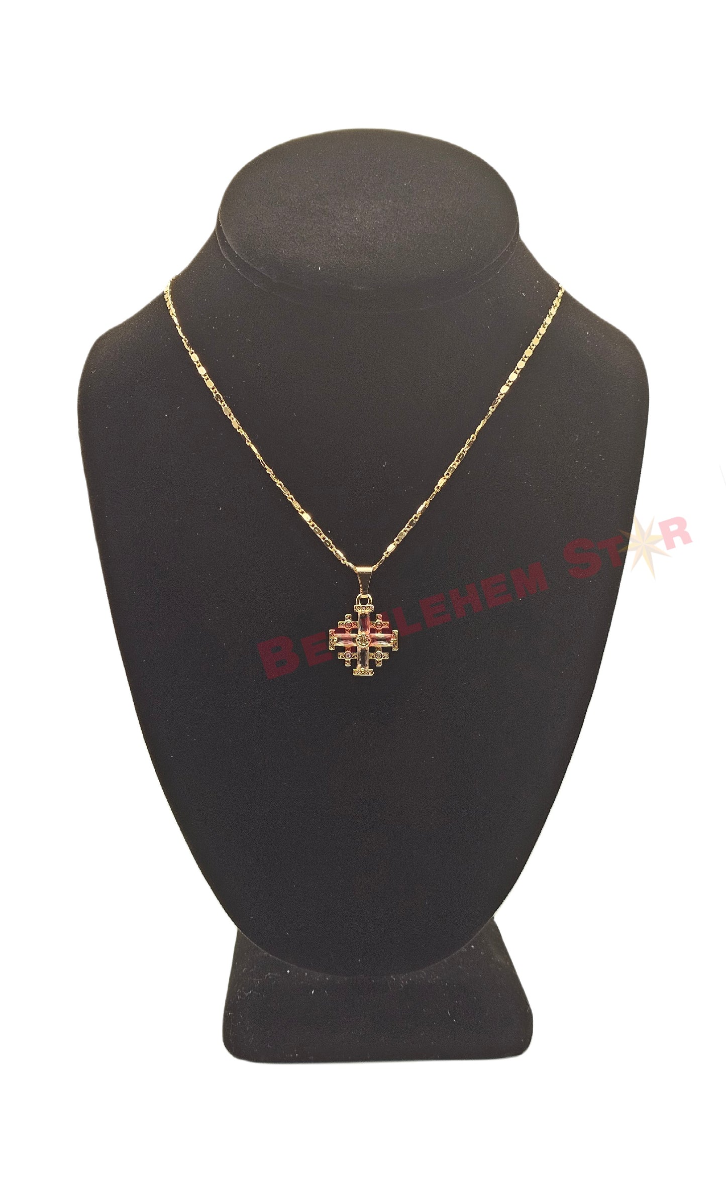 Gold Plated Jerusalem Cross Pendant light Pink Garnet Crystallized 20"Necklace