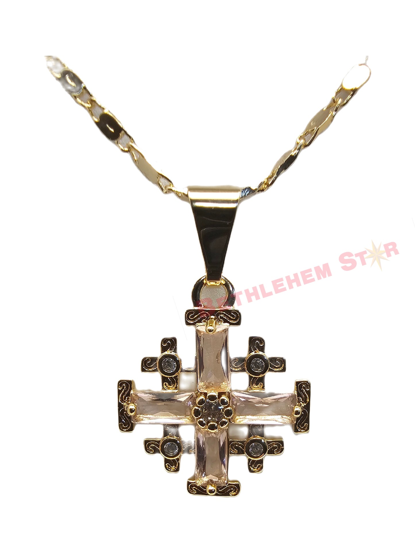 Gold Plated Jerusalem Cross Pendant light Pink Garnet Crystallized 20"Necklace