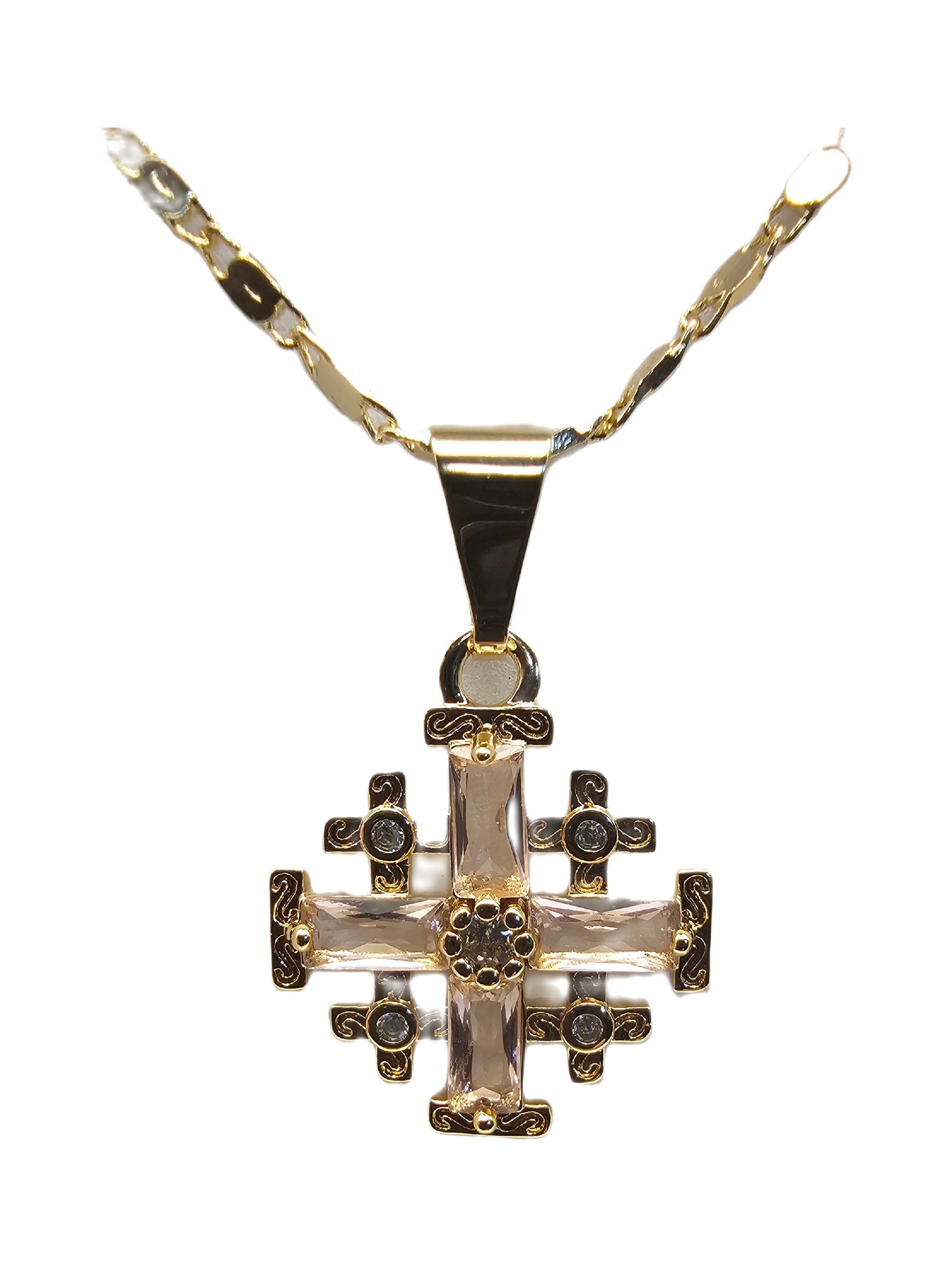 Gold Plated Jerusalem Cross Pendant light Pink Garnet Crystallized 20"Necklace